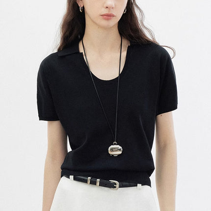 Summer 2025 Ins Women's Clothing Solid Color Po-Collar Pullover Short-Sleeved Knitted Sweater Fashionable Smart Commuter Slimming