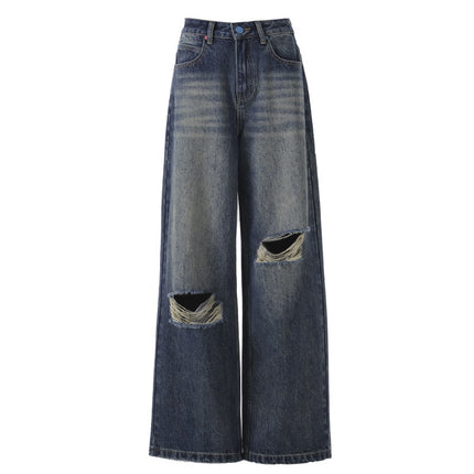 American Retro Ripped Wide Leg Jeans Women's 2025 Spring and Summer New Straight Loose High Waist Slim-Fit Mopping Pants