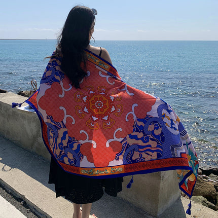 Ethnic Style Printed Silk Scarf Women's Seaside Travel Sun Protection Gauze Air Conditioning Warm Scarf Versatile Long Shawl