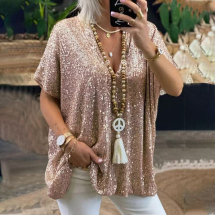 2026 New European and American Amazon Short-Sleeved Urban Casual Color Loose-Fitting Pullover Sequined V-Neck T-Shirt Tops for Women