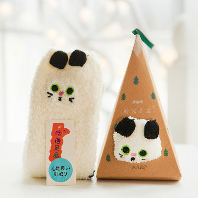 Coral Fleece Japanese-Style Christmas Socks with Embroidered 3D Cartoon Design, Boxed Floor Socks, Half Fleece Socks for Women