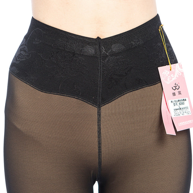 Winter high-waist double-layer leggings fake meat stepping foot plus velvet padded warm pants non-hook silk high-waist belly women's pants