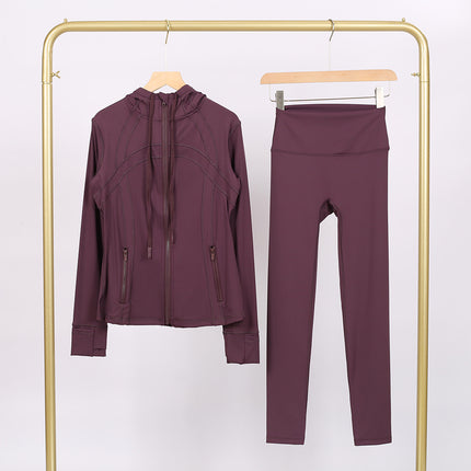 Lulu Df Stamped Hooded Jacket and Cropped Pants Set, Tight-Fitting Stretch Jacket with Gold Zipper, Fitness Yoga Outfit