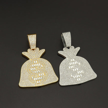 Cool Large Full Diamond Dollar Symbol Money Bag Pendant Necklace Pendant Diamond-encrusted Hip-hop Men's Cool Punk Necklace Pendant