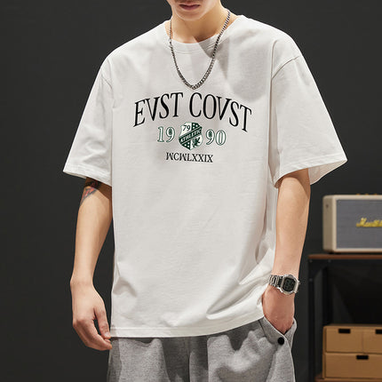 2024 new summer heavy 260g cotton T-shirt men's short sleeve loose printed T-shirt trendy top men's clothing