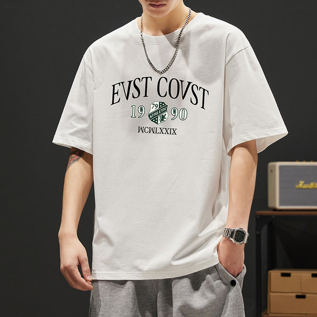 2024 new summer heavy 260g cotton T-shirt men's short sleeve loose printed T-shirt trendy top men's clothing