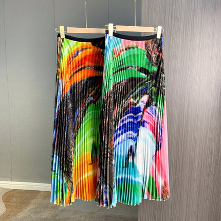 Miyake Style Design Niche Watercolor Print Two-Piece Set European Fashionable Elegant Top Pleated Skirt Two-Piece Set