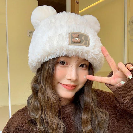 Bear plush knitted hat women's autumn and winter warm anti-fur pullover wool hat face-looking small sweet cute basin hat