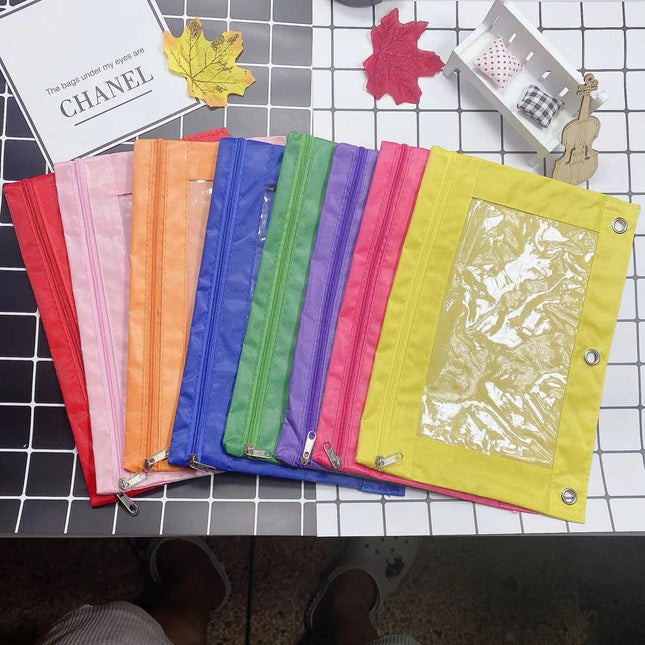 Three-Hole Oxford Cloth Pencil Case Document Bag Large Capacity Loose-Leaf Storage Bag Office Cross-Border Transparent Colorful Student Cute