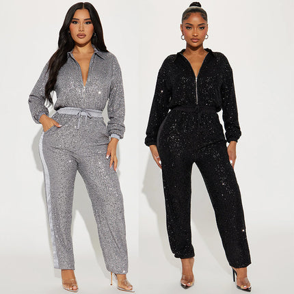 European and American autumn and winter new women's cross-border sequin jumpsuit sequined sexy deep V-neck jumpsuit