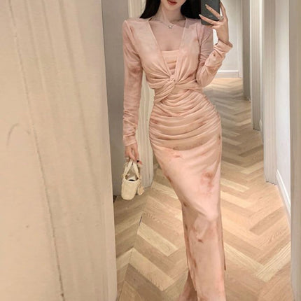 French Green v Neck Floral Mesh Long-sleeved Dress Women's Cardigan Sense Slim Waist Elegant Two-piece Set