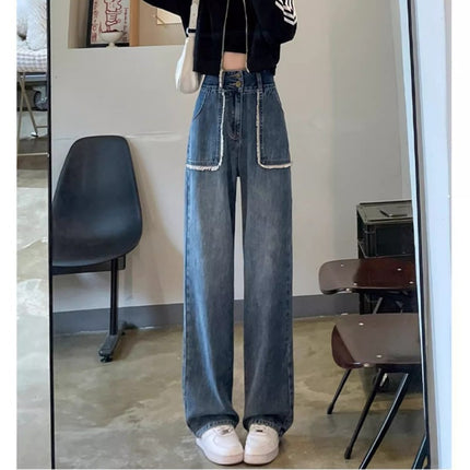 Vintage Fur-Edge Wide-Leg Jeans Women's Fashion All-Match High-Waist Slimming plus size Loose Meat-Covering Straight Long Pants