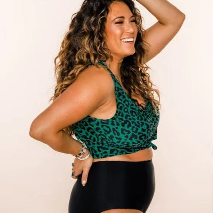 Large Size Split Swimsuit Women's Green Leopard Tankini Huludao Swimsuit Plus Size Loose Conservative Swimsuit