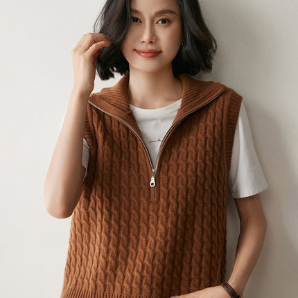 Full-Body Cable Knit Solid Color Women's Cashmere Knitted Vest Half-Open High-Neck Sleeveless Sweater Outerwear Layered Waistcoat