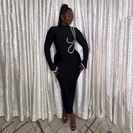 Europe and the United States cross-border new nail drill long sleeve tight bandage dress socialite elegant banquet dress dress