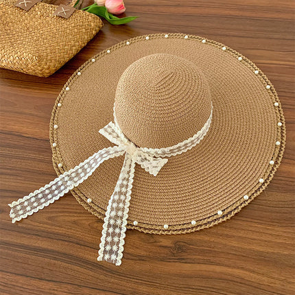 [Great Value] French Style Socialite Flat Top Hat 2025 New Summer Elegant Pearl String Sunshade Woven Straw Hat
