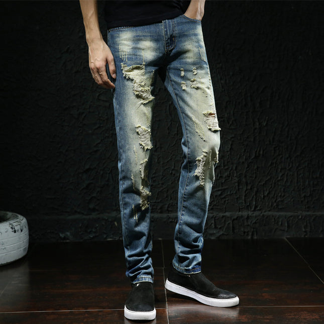 2025 Autumn Ripped Light Blue Jeans Men's Trendy Brand Slim Small Straight-Leg Pants Trendy Easiest for Match Beggar Pants