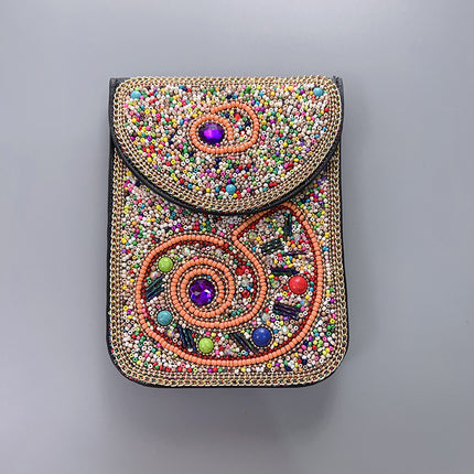 Red Lotus Women's Mobile Phone Bag Xinjiang Inner Mongolia Yunnan Travel Souvenir Retro Heavy Industry Rice Bead Shoulder Bag