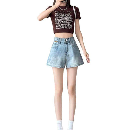 High-Waisted Wide-Leg Denim Shorts for Women, Trendy Versatile Outerwear, Tummy Control, Slimming A-Line Embroidered Hot Pants
