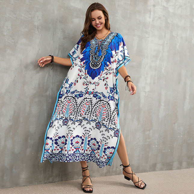 European and American new polyester printed beach dress loose bikini swimsuit cover shirt seaside vacation sun protection shirt for women