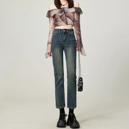 Cement Grey Straight High Waist Jeans Women's Trendy All-match New Style Simple Retro Slim Fit Slimming French Stick Pipe Pants