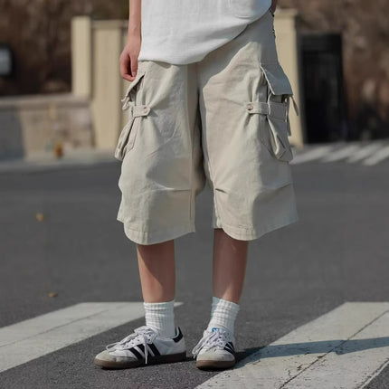 American Retro Multi-Pocket Cargo Cropped Pants Summer New Trendy Men's Loose Straight Cleanfit Over-The-Knee Shorts