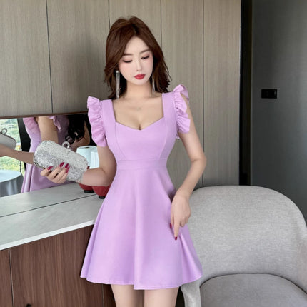 Real shot 8906 sexy A- word dress low-cut flying sleeve fashion temperament waist big swing foot bath technician work clothes