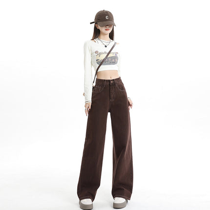 Brown High-Waisted Wide-Leg Jeans for Women, Autumn New Loose Slimming Design with Drapey Straight-Leg Floor-Length Pants