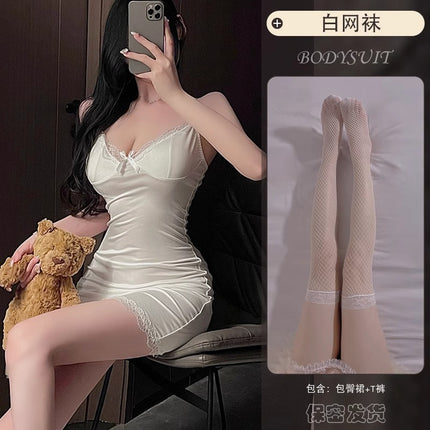 Sexy Lace Hip-Hugging Skirt, Hot Girl, Royal Sister, Fun Suspender Skirt, Pure Lust Style, Sexy Temptation Pajamas with Breast Pads Qqny