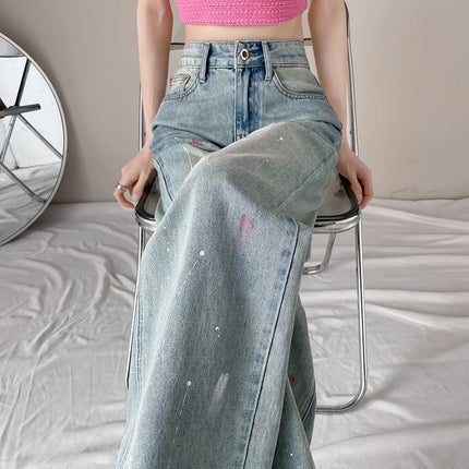 Wide Leg Jeans Women's 2024 Summer New High Waist Slimming Design Sense Dipped Splash Ink Straight Pants