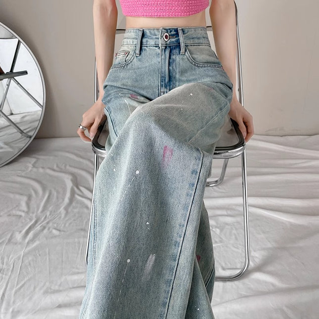Wide Leg Jeans Women's 2024 Summer New High Waist Slimming Design Sense Dipped Splash Ink Straight Pants