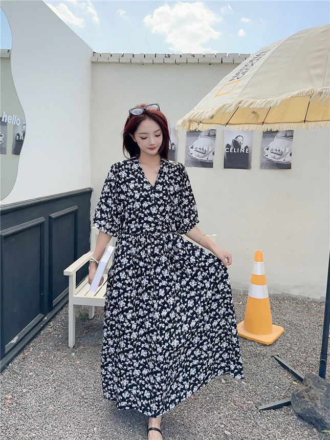 Cotton floral dress 2024 new thin waist pure wind Amazon artificial cotton beach dress fairy dress