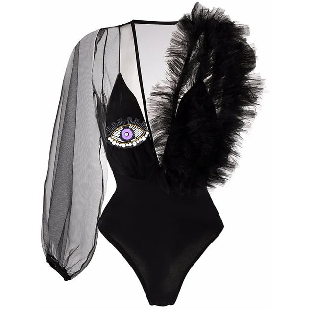Halloween limited swimsuit deep V mesh stitching perspective devil's eye sexy one-piece swimsuit cross-border 2518