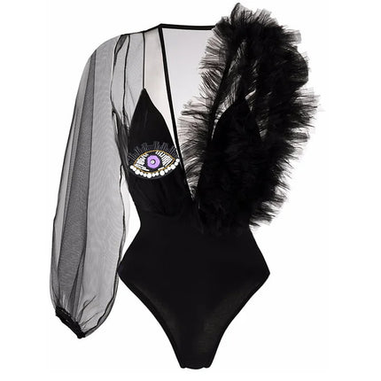 Halloween limited swimsuit deep V mesh stitching perspective devil's eye sexy one-piece swimsuit cross-border 2518