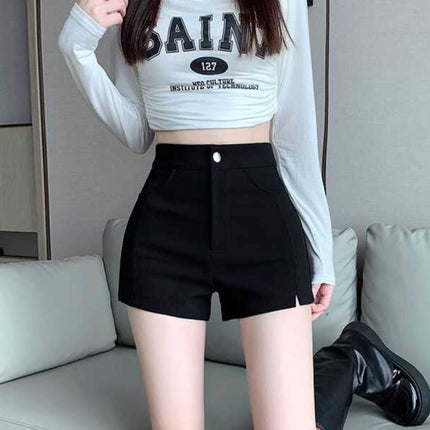 Black Suit Shorts for Women, Autumn 2024 New High-Waisted Elastic Hip-Hugging Leggings, Petite Outerwear Hot Pants