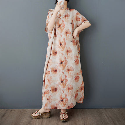 25 Summer New Artistic Fashion Comfortable Printed V-neck plus size Women's Long Temperament Short-sleeved Foreign Trade dress