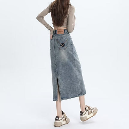 Cement Grey Denim Skirt Women's Trendy All-match New High Waist Slimming Split A- Line Mid-length Hip Skirt