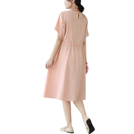 2024 Summer new Korean style organ pleated solid color round neck short sleeve midi dress women's loose slimming cotton and linen dress