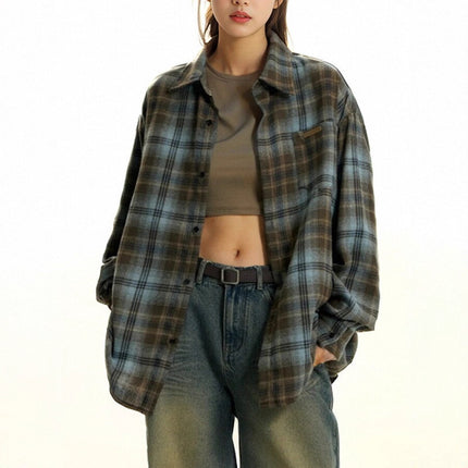 Trendy Two-Tone Brushed Plaid Shirt for Men and Women, Spring Vintage American Style Loose Casual Long-Sleeve Shirt, Couple's Jacket