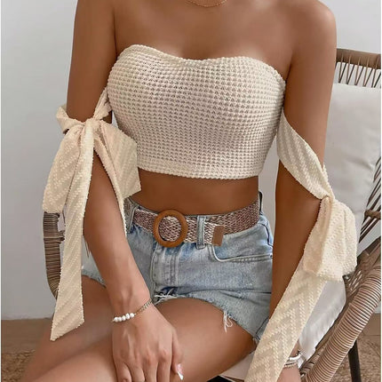 European and American Navel-Baring Tube Top, One-Piece Ribbon Wrap Top, Hot Girl Short Tube Top, Can Be Worn Outside, Fashionable and Sexy