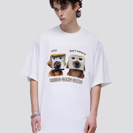 Direct Spray Bread Dog Print Short-sleeved T-shirt American Fashion Brand Casual Men's and Women's Fun Pure Cotton Loose Round Neck T-shirt
