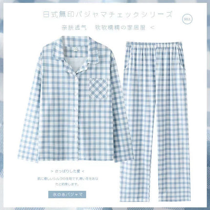 Long-Sleeved Cotton Japanese Pajamas Women's Suit Cotton Plaid Couple Long-Sleeved Home Clothes Men's Summer Thin Suit