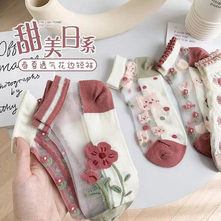 Glass Silk Stockings Children's Shallow Socks Thin Spring and Summer Crystal Silk Sweet Mori Short Tube Boat Socks Student Socks Flowers