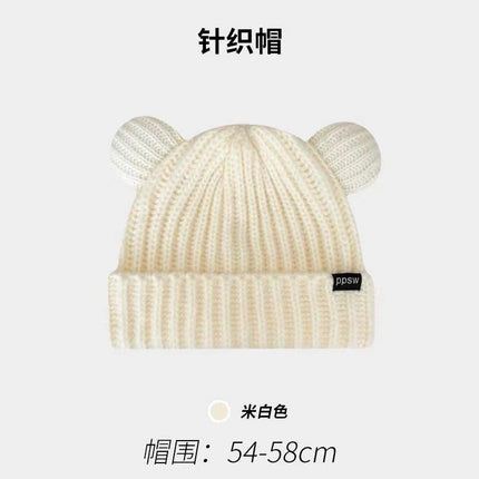 Bear plush knitted hat women's autumn and winter warm anti-fur pullover wool hat face-looking small sweet cute basin hat