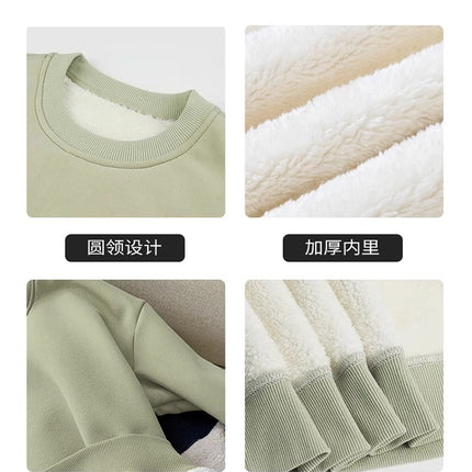 Ultra-Thick Round Neck Sweatshirt for Women in Autum Fleece-Lined and Thickeneded Hooded Pullover Cashmere Inner Top for Warmth and Base Layering