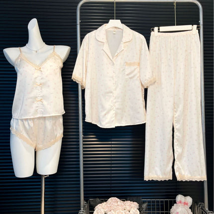Small Floral Print Women's Short Top, Shorts, Short-Sleeve Long Pants Four-Piece Set, Spring and Summer Lace with Chest Pads, Sweet Ice Silk Loungewear