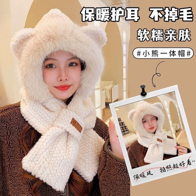 Autumn and Winter Hats for Women, Cute Plush Scarf, Thickened Integrated Neck Warmer, Plush Hat for Cycling, Warm Ear Protection Hat