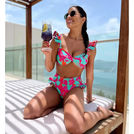 2024 European and American bikini New Ruffle Printed High Waist Split Swimsuit Holiday suit Women's Cross-border Explosions