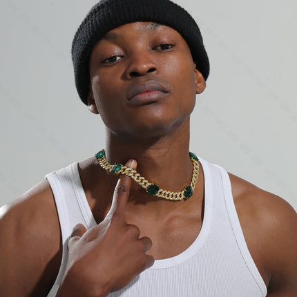 Emerald New Hip-Hop Necklace, Fashionable and High-End Alloy Rhinestone Cuban Chain Pinduoduo Drop Shipping