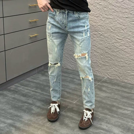 Trendy Ripped Light Blue Skinny Cropped Jeans for Men, Summer New Style, Versatile for Young Students